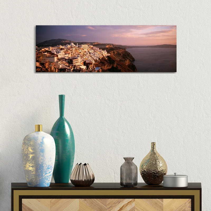 High-Angle View Of Fira, Santorini, Cyclades, Greece - Wrapped Canvas Panoramic Print, 30.48 cm H x 91.44 cm W x 1.91 cm D