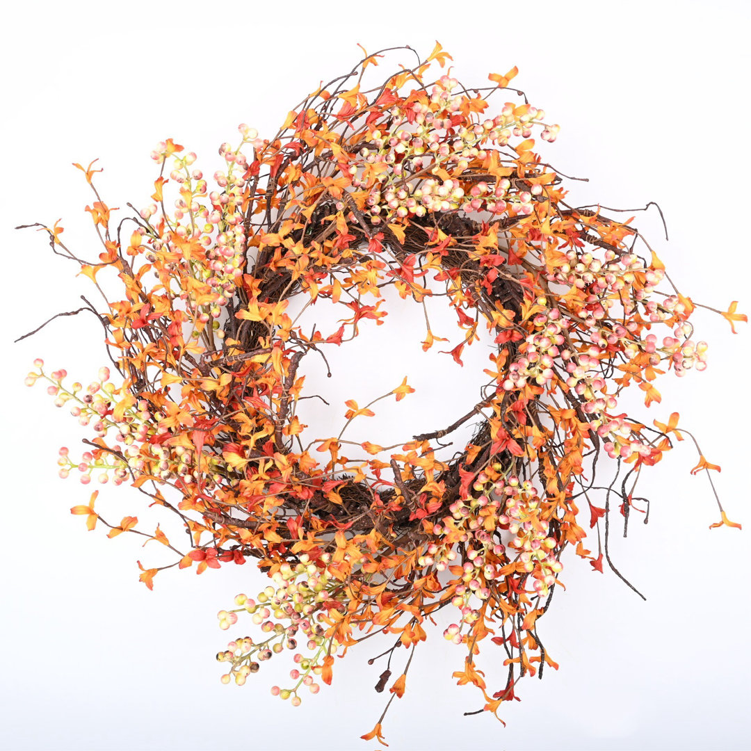 24" Fall Autumn Twig Berry Front Door Wreath Primrue