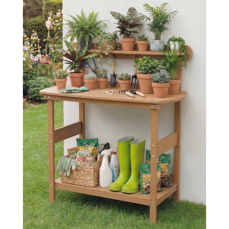 Table de rempotage d'extérieur HIPS, poste de travail de jardin à 3 niveaux avec 4 crochets, table de jardinage tout temps pour cour arrière et terrasse.
