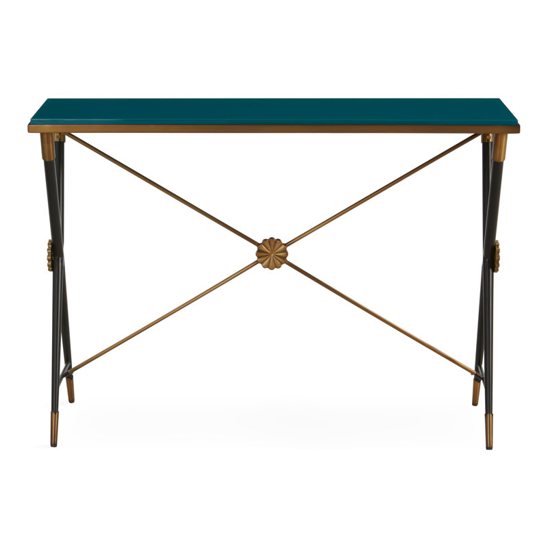 Teal Lacquer and Blackened Steel Console Table with Brass Accents
