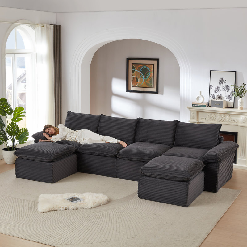 Canapé moderne en velours côtelé, Velours côtelé gris foncé, H 35,43 po x l 141,74 po x P 70,07 po