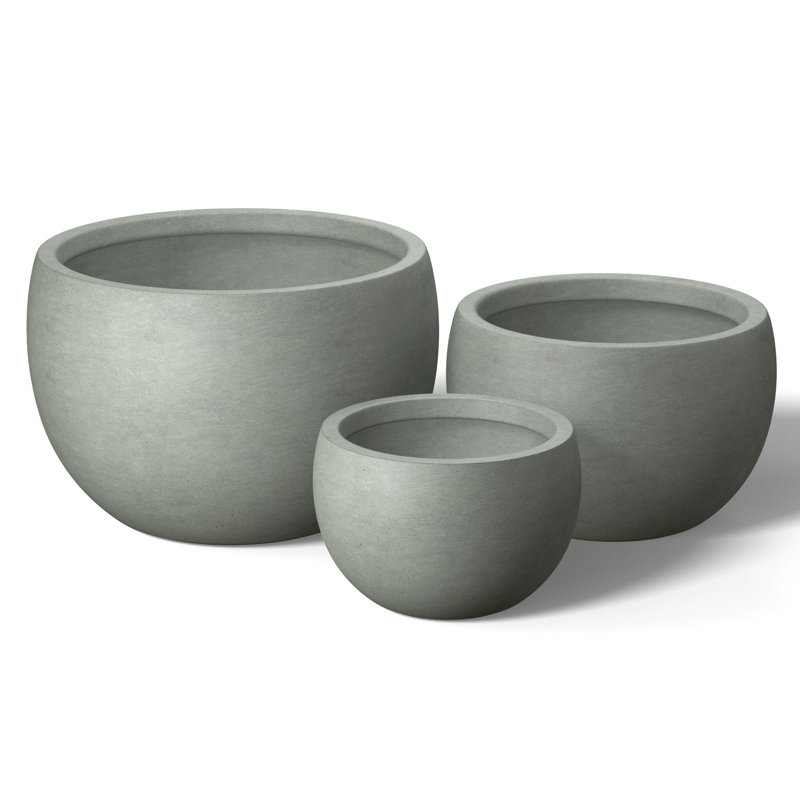 11.5 In., 15 In., 19 In. (Enhanced Interior) Concrete Round Planter / Pot With Drainage Holes (Set Of 3), Sage Gray