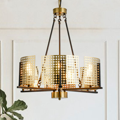 Lustre cylindrique unique et remarquable à 6 lumières de style bougie avec accents en fer forgé