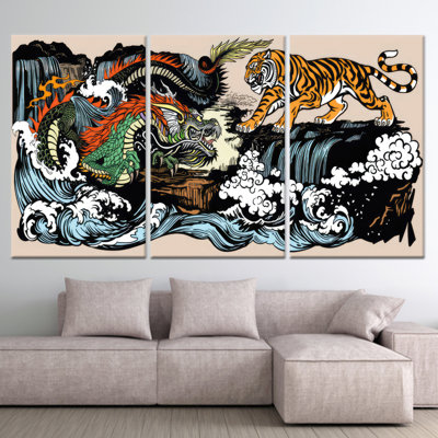 «Yin Yang Dragon vs Tiger», reproduction d'art japonais sur toile tendue 3P