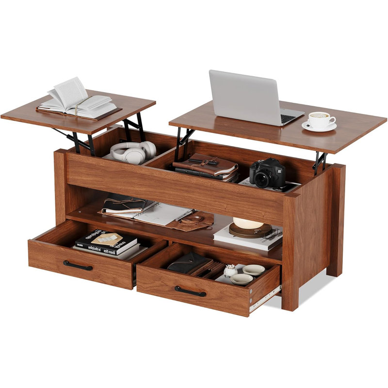 Table basse avec plateau relevable et rangement, table multifonctionnelle de 47,2 po: comprend un plateau de table relevable en bois, 2 tiroirs, un compartiment caché pour le salon et le bureau personnel