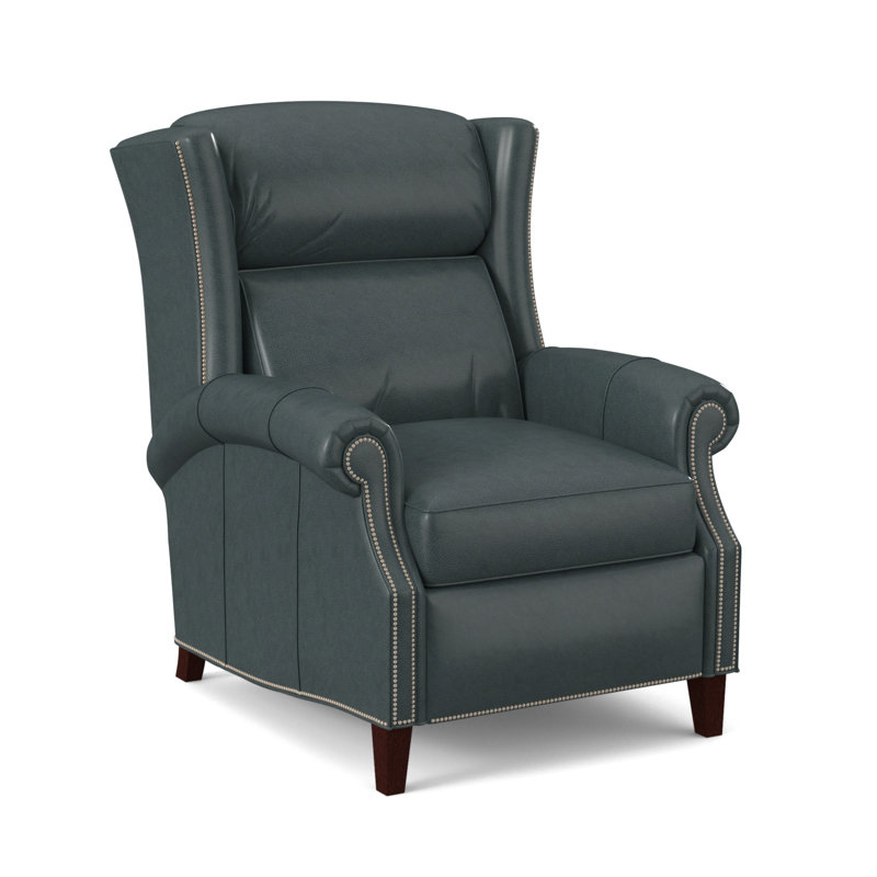 Broderick Recliner, #9 Pewter, Anilina Cacao Genuine Leather, Mahogany
