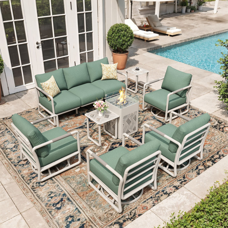 7 - Person Aluminum Patio Conversation Sets with Gilder&Swivel Chairs and Firepit, Green Cushion/White Frame