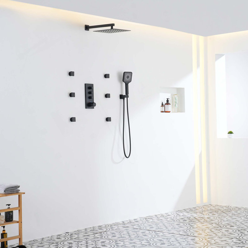 Système de douche thermostatique mural à 3 fonctions 12 po avec pomme de douche carrée, Noir