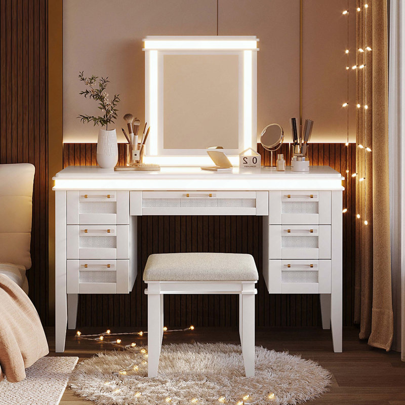48" Vanity Desk with Mirror and Lights, 7 Drawers and Cushioned Stool, Light Beige