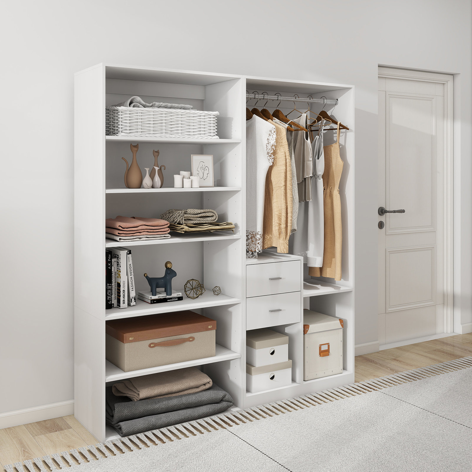 Latitude Run® Modern Wooden Armoire Wardrobe Closet: 8 Shelves and 2