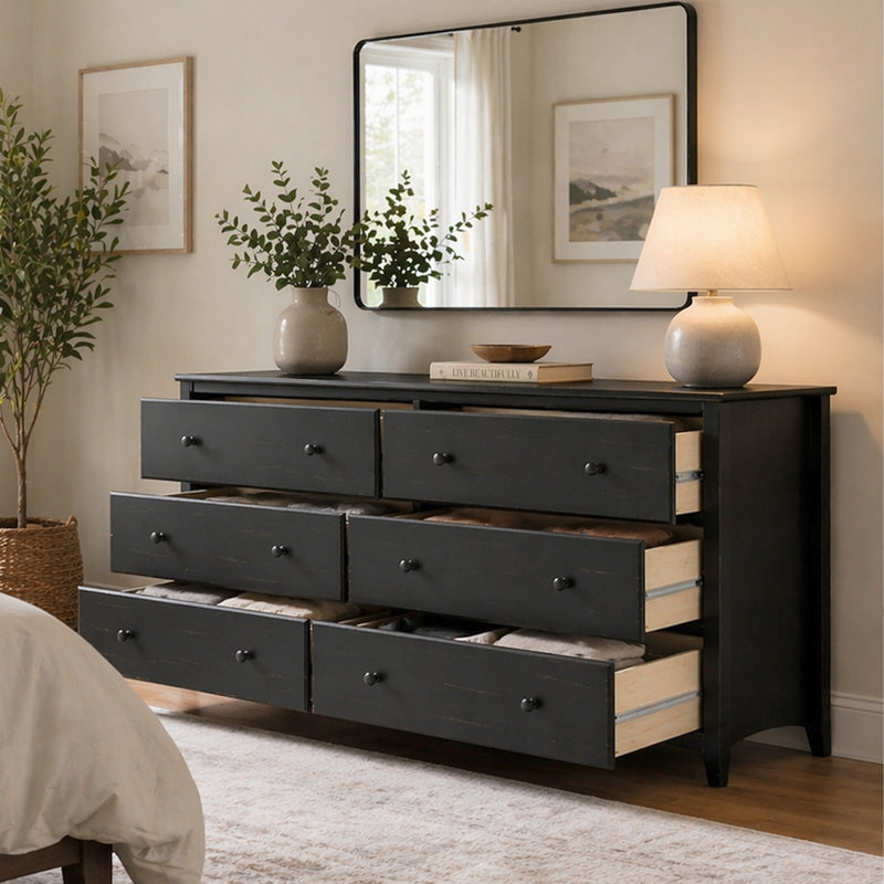 Commode 6 tiroirs en pin, Enduit noir