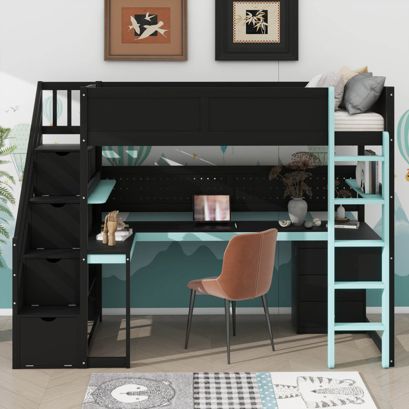 Twin-Size Wooden Loft Bed Designed For Gaming, Features Stairs With Storage, Built-In Desk, Shelves & Pegboard, Twin