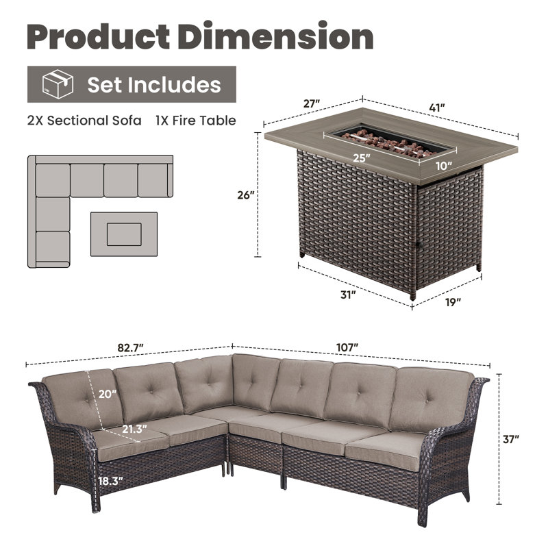 Dahlyla 6 - Person Outdoor PE Wicker Sectional Seating Group with Fire Pit and Cushions, Brown, Gray