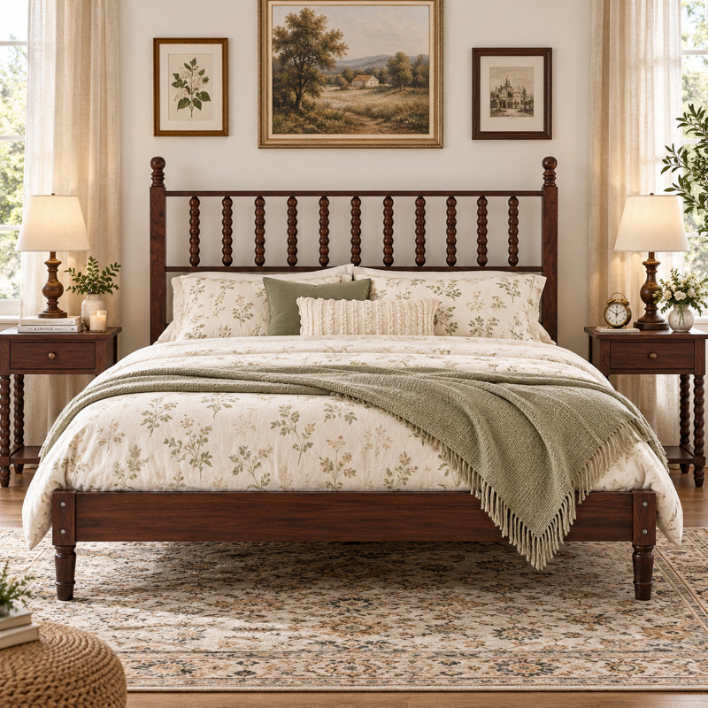 Lit plateforme en bois Afore Queen Size avec tête de lit en forme de gourde, capacité de 227 kg