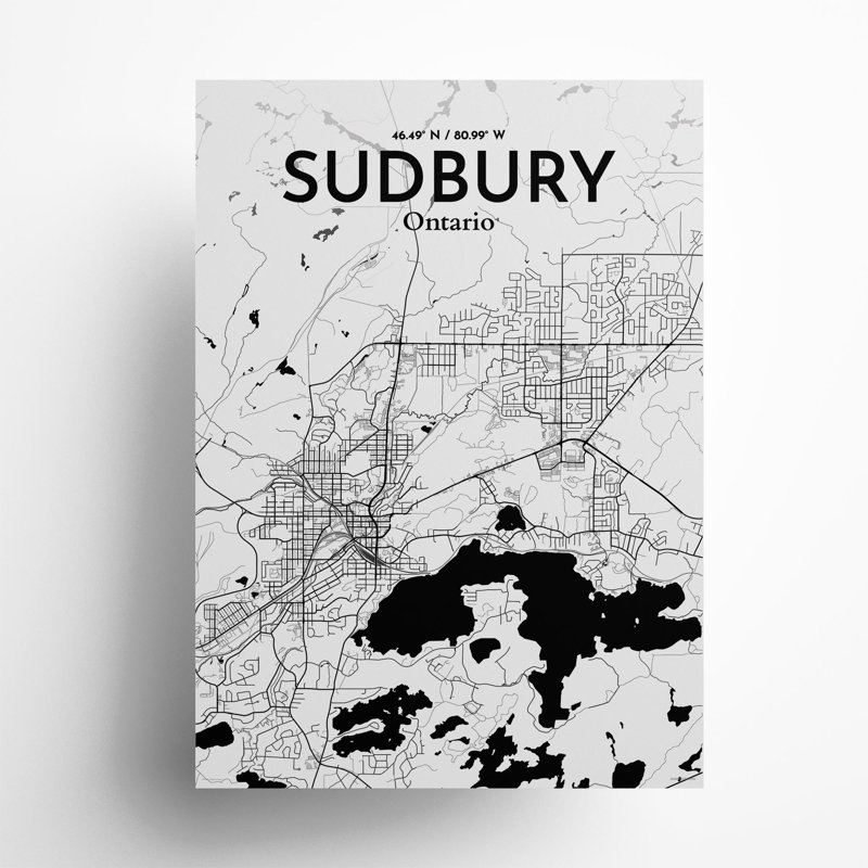 Sudbury City Map, impression, Noir / blanc, H 27,6 po x l 19,7 po