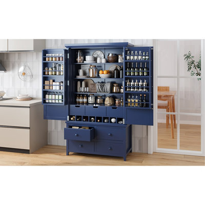 Grande armoire de rangement autoportante en bois avec 8 portes, 3 tablettes réglables, 7 tiroirs et 8 casiers à vin, bleu