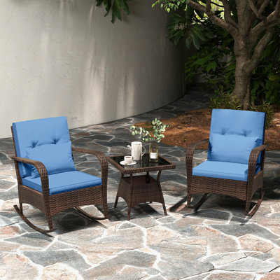 3PCS Outdoor Rocking Set Rattan Rocker Chairs w/ Tempered Glass Coffee Table Wicker Rocker Set