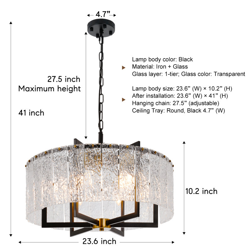 Demontrez 23.6" Modern Dimmable Chandelier Glass Relief Adjustable Height for Living room and bedroom