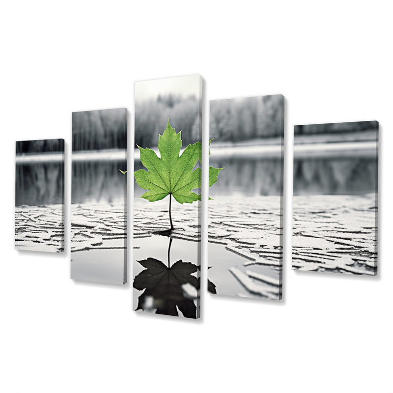 «Green Leaves Solitude In Winter I», art mural paysage d'hiver - 5 panneaux