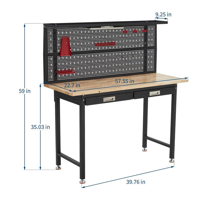 Établi de garage 48 po / 60 po avec panneau perforé, prises de courant et éclairage - Établi polyvalent d'une capacité de 800 lb pour le rangement d'atelier, d'entrepôt et de garage