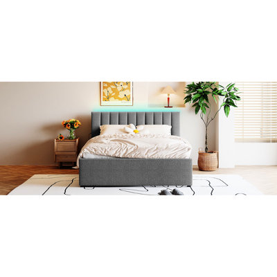 Lit plateforme tapissier avec lit gigogne simple TG et lumières DEL sereines, gris pour toison grand