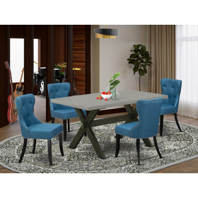 5 Piece Dining Room Furniture Set Includes a Rectangle Dining Table with X-Legs and 4 Blue Linen Fabric Upholstered Chairs, Wire brushed Black finish 