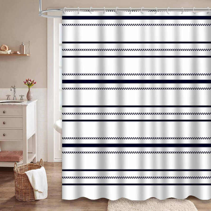 Rideau de douche rayé bleu marine à 12 crochets, L 72 po x l 78 po