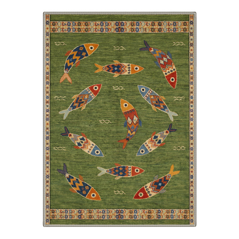 Abrahamson Tribal Geometric Colorful Fish Print Green Indoor Area Rug Machine Washable Non-Slip Backing, Rectangle 6' x 9'
