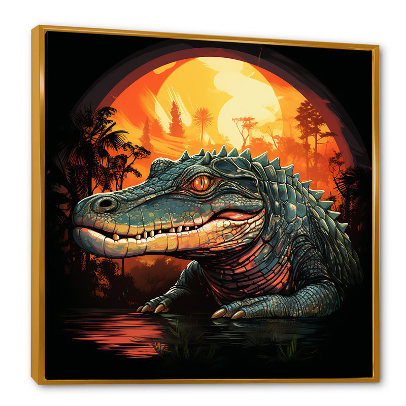Crocodile orange et vert coucher de soleil - Art mural crocodile / alligator, Cadre flottant doré