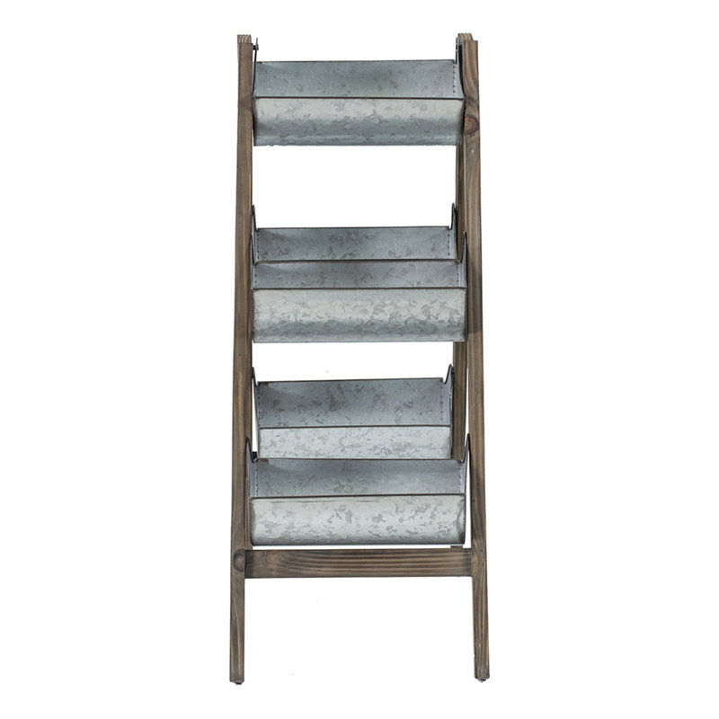 Jardinière pliable galvanisée et en bois 14,2 po x 7,5 po 70,9 po pour jardinage vertical de style montrez vos fleurs sélectionnées, cinq seaux sur une structure en forme, tons gris brun, design rustique, orientée vers l'extérieur