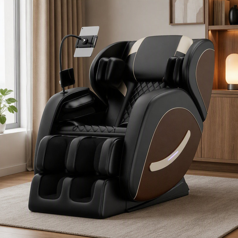 Fauteuil de massage inclinable de 28,53 po de largeur, finition noire, système de pression d'air complet en similicuir, Black