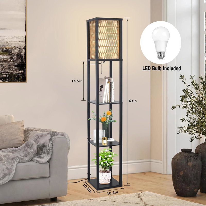 Lampe sur pied bohème avec trois étagères de rangement, rotin tressé à la main et abat-jour interchangeables en tissu, ampoule DEL de 9 W et interrupteur à tirette inclus, idéal pour décorer un coin de chambre ou de salon.