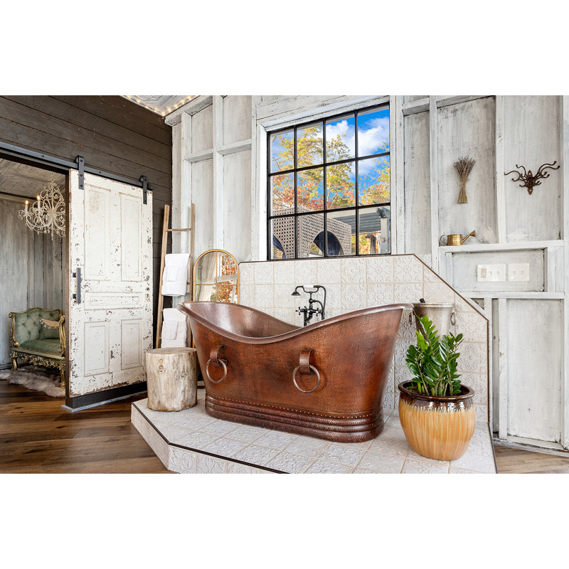 67" Hammered Copper Double Slipper Bathtub With Rings, Oil Rubbed Bronze