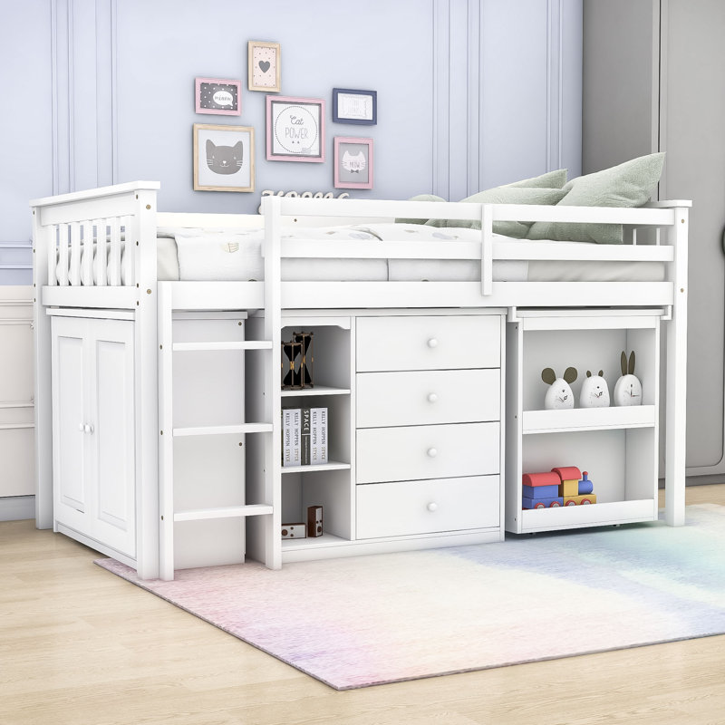 Lit mezzanine simple avec armoires de rangement, bureau et dispositifs de sécurité, Blanc