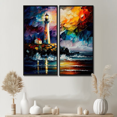 Lighthouse By The Ocean V - Traditional Canvas Wall Art 2 Pieces