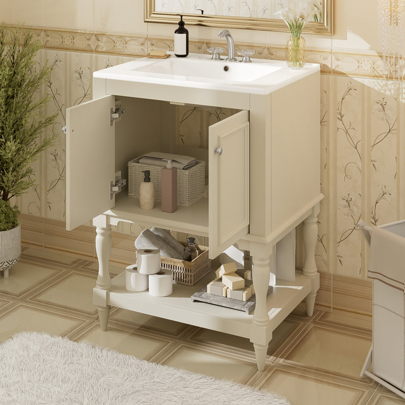 Meuble-lavabo de luxe moderne de 24 po avec lavabo en céramique, meuble de salle de bain avec tablette ouverte et rangement fermé