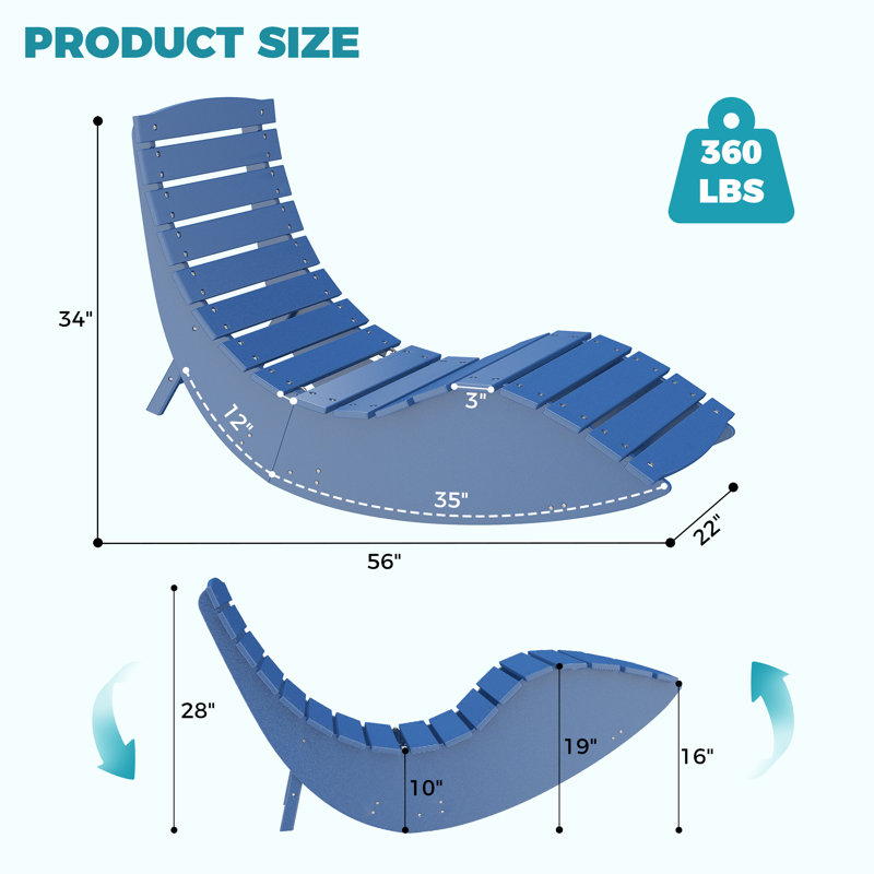 Chaise longue pliante d'extérieur en PEHD, chaise berçante avec pieds anti-basculement, Navy blue