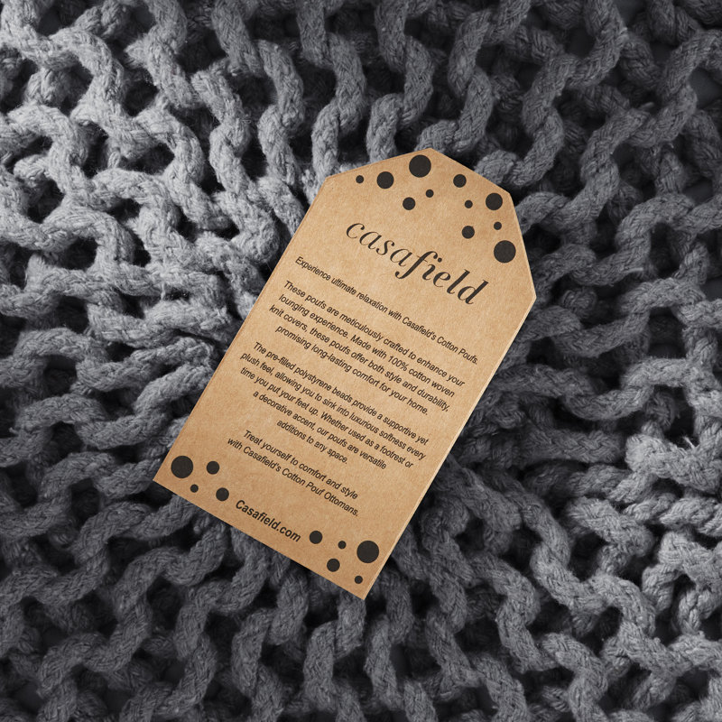  Casafield Round Pouf Ottoman, Cotton Knit Upholstered Footrest - Gray, Gray, Round