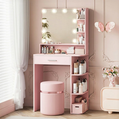 Makeup Vanity Desk With Mirror And Lights, With Large Drawer And 6 Level Storage, Large Led Mirror With 3 Color Lighting Modes