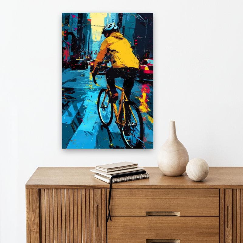 «Rainy City Cyclist Abstract Contemporary City», reproduction d'art mural, H 18 po x l 12 po