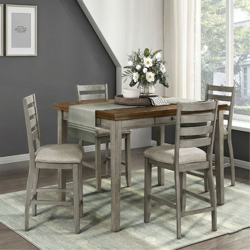Ensemble de salle à manger 5 pièces à hauteur de comptoir avec tiroirs et table de rangement, Cerise / Gris