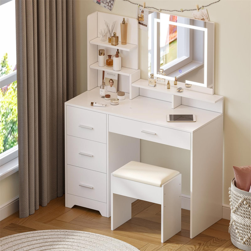 Dressing Table With Stool - 5 Shelves And 4 Drawers, Touch Screen Vanity Mirror With 3-Color Dimmable Light, White