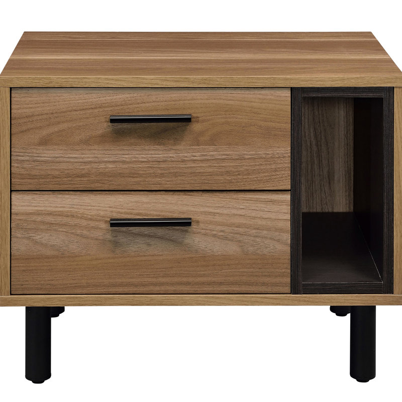 Contemporary Rectangle 2 - Drawer Brown Oak And Black Nightstand, 18.5 Inches Tall, For Bedroom Display Modern Industrial Nightstand With Finish, 18.5h X 23.5w 16.5d Inches,