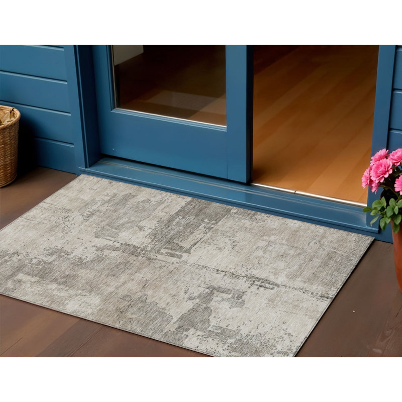 Tapis extérieur lavable abstrait 3 pi x 5 pi en lin et gris