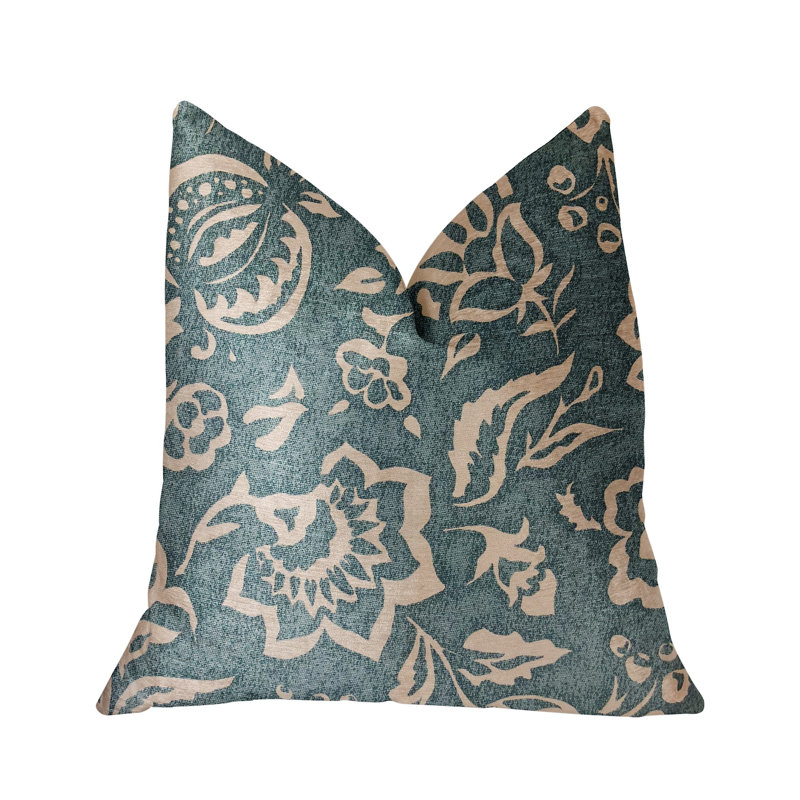 Coussin de luxe ELSI pom, 16 po x 1 po, Bleu / beige, Coussin décoratif