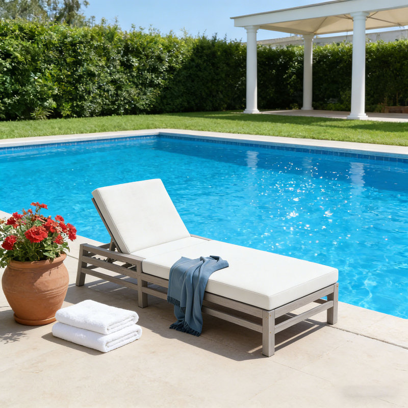 Outdoor Acacia Wood Chaise Lounge , Cushion Included, Gray