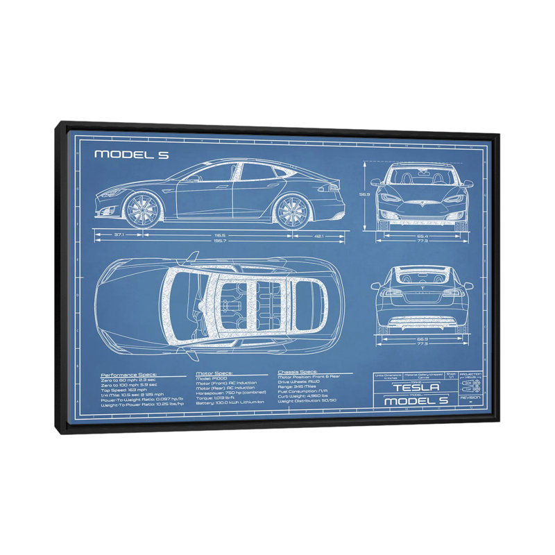 Modèle Tesla S (2016-2020) Blueprint-impression de dessin, Pas de tapis, H 26 po x l 40 po x 1,5 po, Toile avec cadre noir