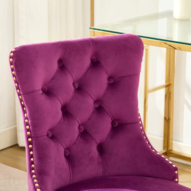 Purple Office Chair, Modern Velvet Upholstered Tufted Button Home Office Chair, With Golden Metal Base, Adjustable Desk Chair Swivel Office Chair
