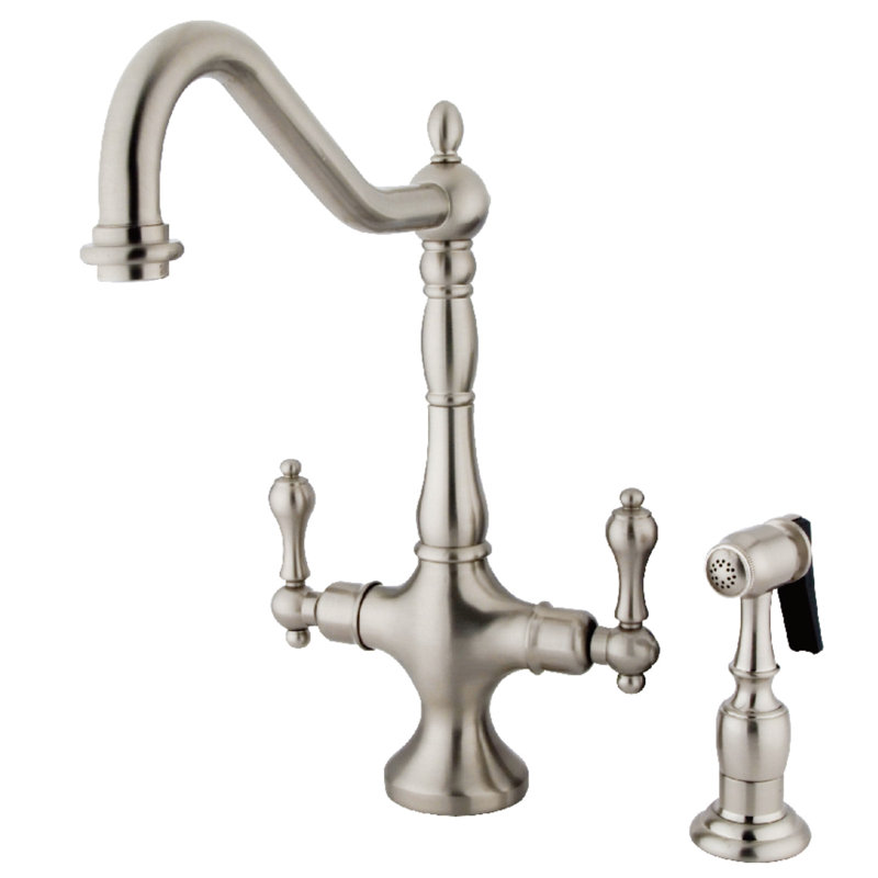 Kingston Brass Heritage Two-Handle Deck Mount Kitchen Faucet, Brushed Nickel, With Spray