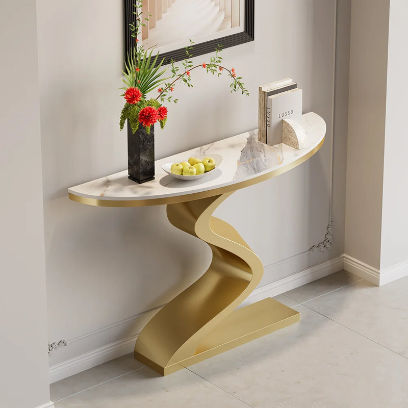 Console moderne moderne blanche et dorée de 39,4 po avec dessus en pierre frittée en forme de demi-lune, Blanc / Doré